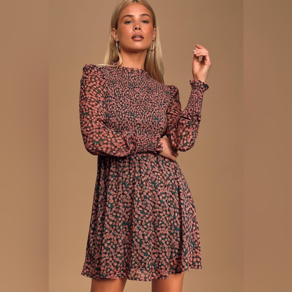 Lulus Dress Women's Small Pink Floral Long Sleeve Smocked Mini Ruffle Hem